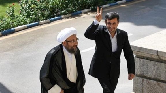 Sadeq Amoli Larijani (right), Iran’s current chairman of Expediency Discernment Council and former chief Justice, and former president Mahmoud Ahmadinejad (undated)