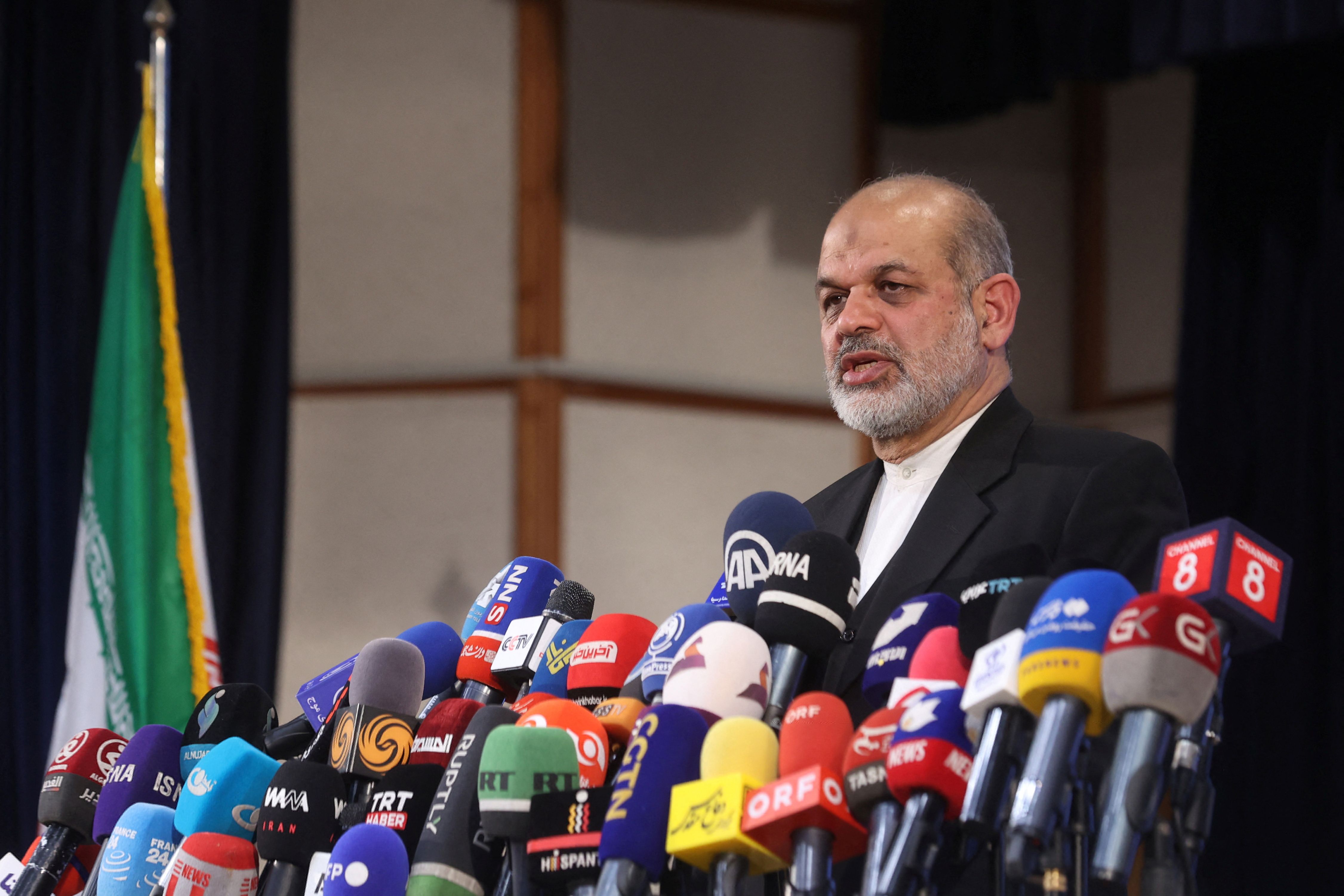 Iranian Interior Minister Ahmad Vahidi speaks during a press conference after the parliamentary elections in Tehran, Iran, March 4, 2024.