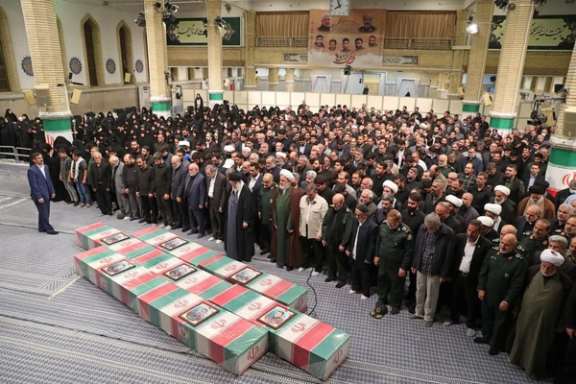 Iran’s Supreme Leader Ali Khamenei leading a funeral prayer for the Revolutionary Guards who were killed in an Israeli attack on Tehran’s consulate in Damascus, April 4, 2024