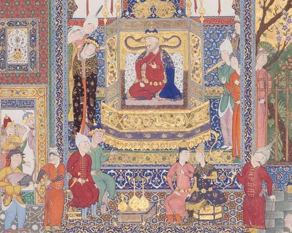 Zahhak Receives the Daughters of Jamshid, a manuscript illustration made in Tabriz, Iran, in the 1520s, in ink, gold and opaque watercolor on paper. Courtesy of Khalili Collections / CC-BY-SA 3.0 IGO.