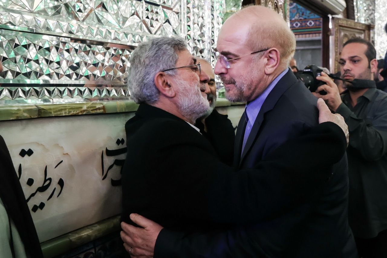 Amir-Ali Hajizadeh, the commander of the Aerospace Force of the IRGC (L), Parliament Speaker Mohammad Bagher Ghalibaf (R)