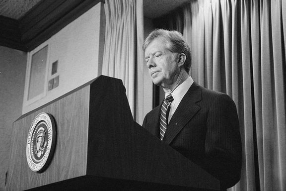 US President Jimmy Carter announces new sanctions against Iran in retaliation for taking US hostages, at the White House in Washington, April 7, 1980.