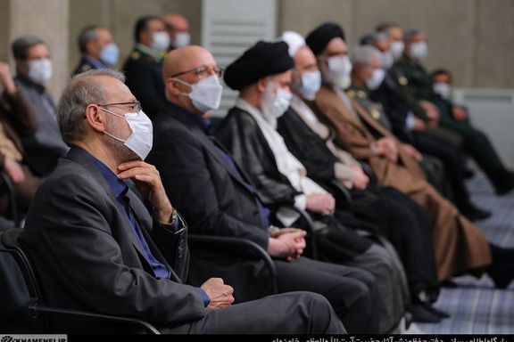 Some influential members of Iran's political elite listening to Supreme Leader ALi Khamenei, April 12, 2022
