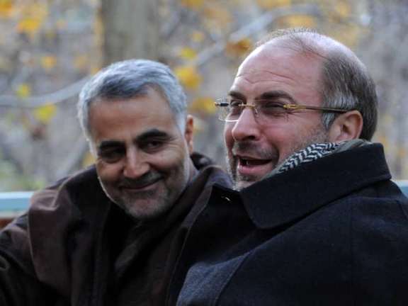 Iran's parliament speaker, Mohammad Bagher Ghalibaf (R) with IRGC's Qassem Soleimani (Undated)