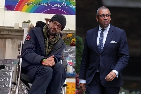 Iranian hunger striker Vahid Beheshti (left) and UK Foreign Secretary James Cleverly