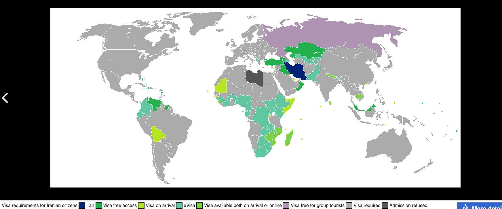 Wikipedia's visa requirements map for Iran 