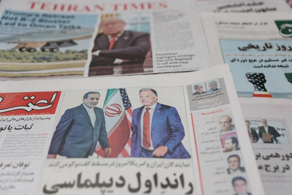 Iranian Foreign Minister Abbas Araghchi and US Middle East envoy Steve Witkoff on the frontpage of an Iranian newspaper (April 2025)