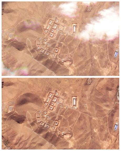 A combination of satellite images shows Khojir rocket motor casting facility near Teheran, Iran October 24, 2024, and the same facility on October 26, 2024, in an aftermath what an American researcher said was an Israeli airstrike hitting a building that was part of Iran's defunct nuclear weapons development program. 