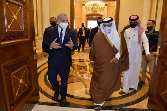 Israeli Foreign Minister Yair Lapid meets with Bahrain's Crown Prince Salman bin Hamad Al Khalifa in Manama, Bahrain, September 30, 2021.