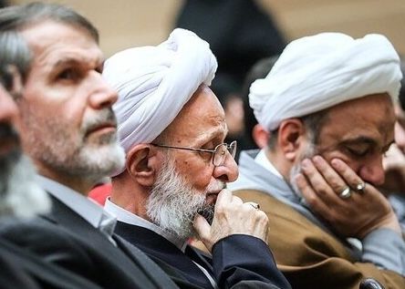 (from left) Sadegh Mahsouli, Mohhammad-Taqi Mesbah-Yazdi, and Morteza Aghatehrani during an event   (undated)
