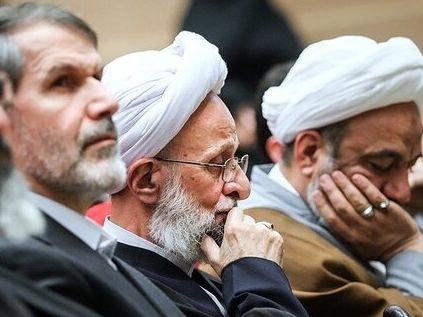 (From left) Sadegh Mahsouli, Mohhammad-Taqi Mesbah-Yazdi, and Morteza Aghatehrani during an event