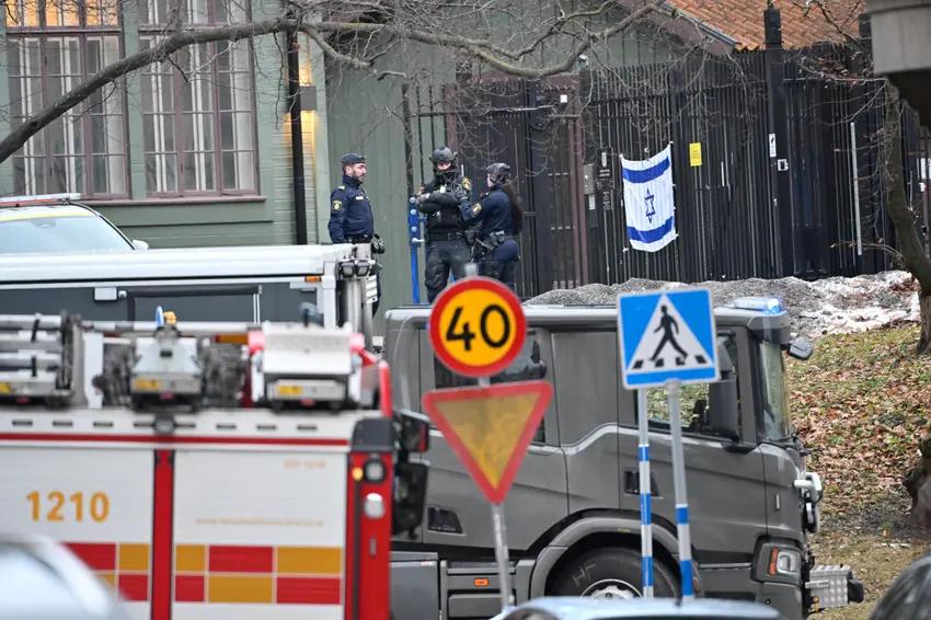 Police officers stand near the Israeli embassy, on the day an object believed to be an explosive device was found and destroyed by the national bomb squad according to police, in Stockholm, Sweden January 31, 2024. Henrik Montgomery/TT News Agency/via REUTERS