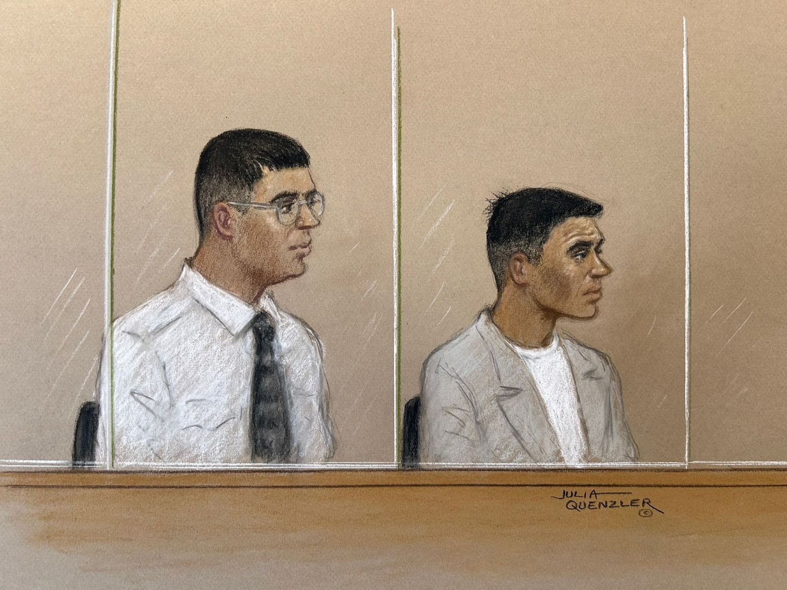 Nandito Badea and George Stana, two Romanian men accused of stabbing the Iran International journalist Pouria Zeraati near his home in Wimbledon in March 2024, appear at Woolwich Crown Court in London, Britain, May 18, 2026, in a courtroom sketch. / Courtesy of Reuters