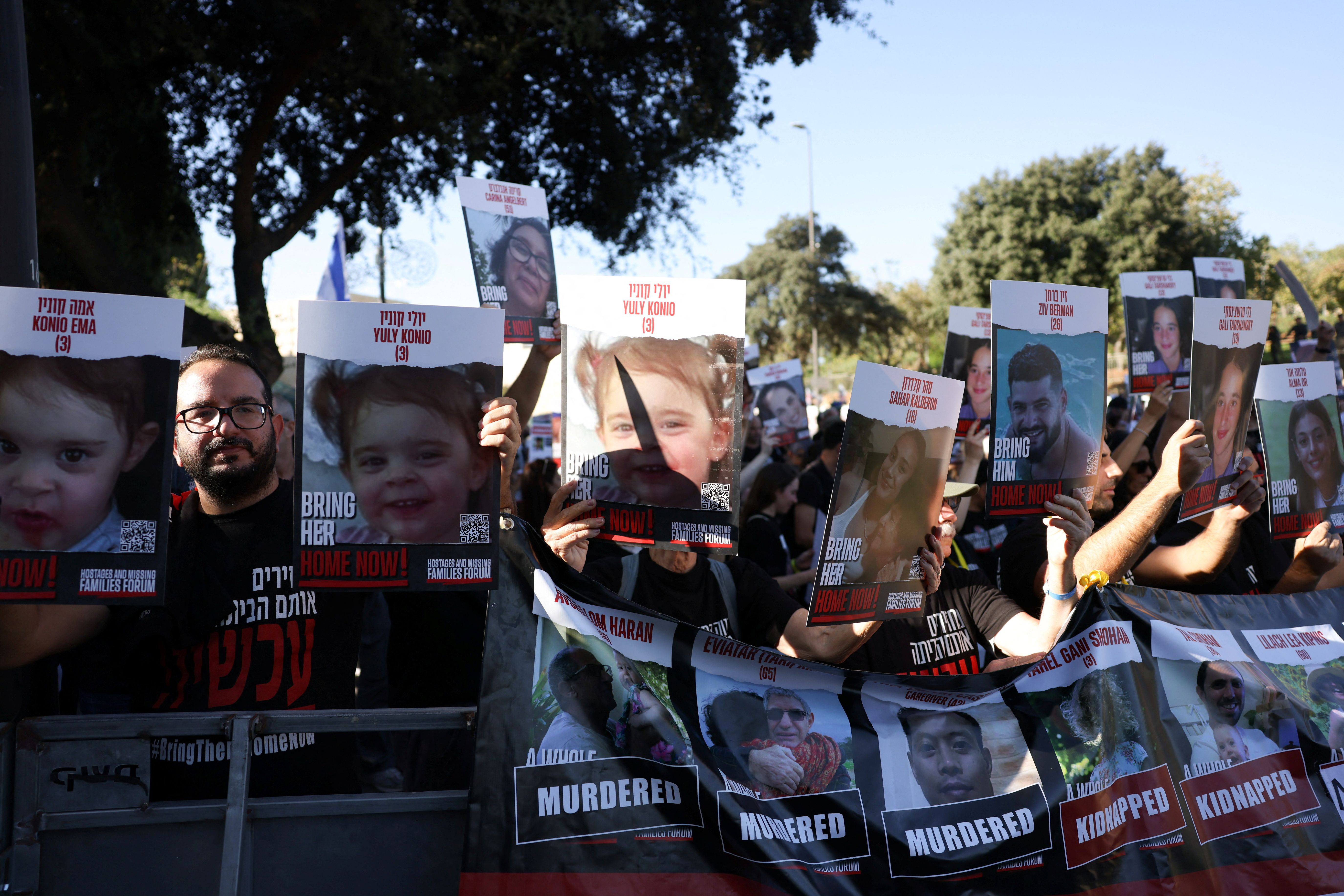 Families and supporters of hostages who are being held in Gaza, after they were kidnapped from Israel by Hamas gunmen on October 7, hold a demonstration to demand their immediate release, outside the Knesset, Israeli parliament in Jerusalem, November 6, 2023.