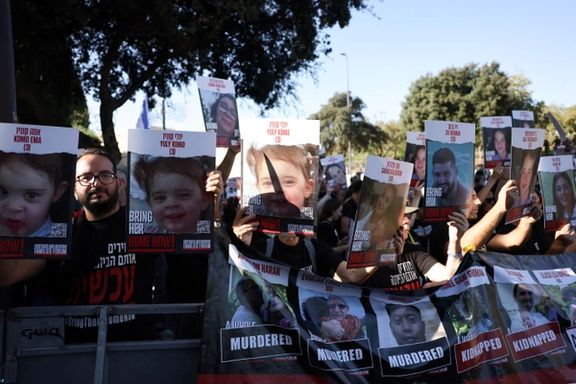 Families and supporters of hostages who are being held in Gaza, after they were kidnapped from Israel by Hamas gunmen on October 7, hold a demonstration to demand their immediate release, outside the Knesset, Israeli parliament in Jerusalem, November 6, 2023.
