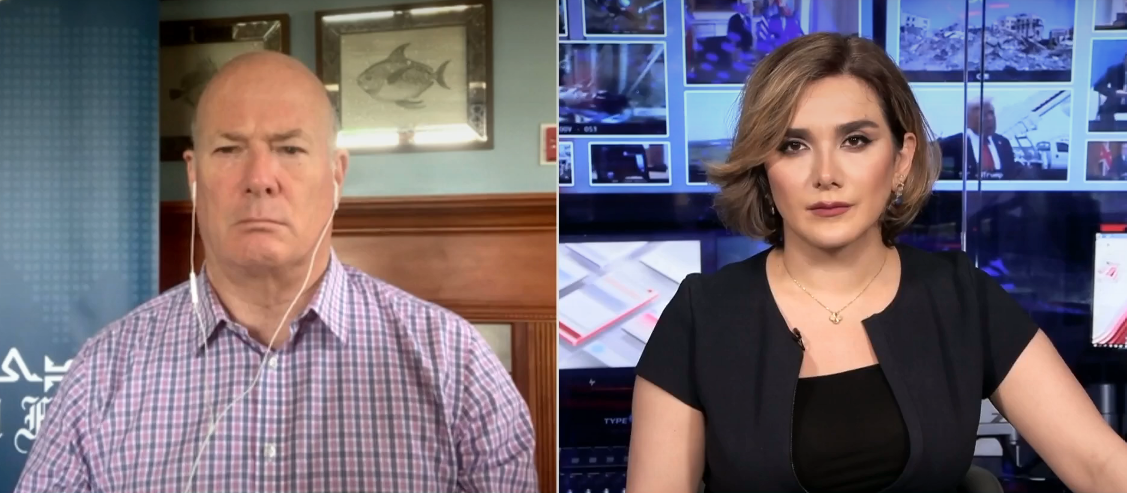 David Des Roches (left), associate professor at the Near East South Asia Center for Security Studies, speaks with Iran International TV presenter Niusha Saremi during the network's Titre Aval program on July 29, 2026.