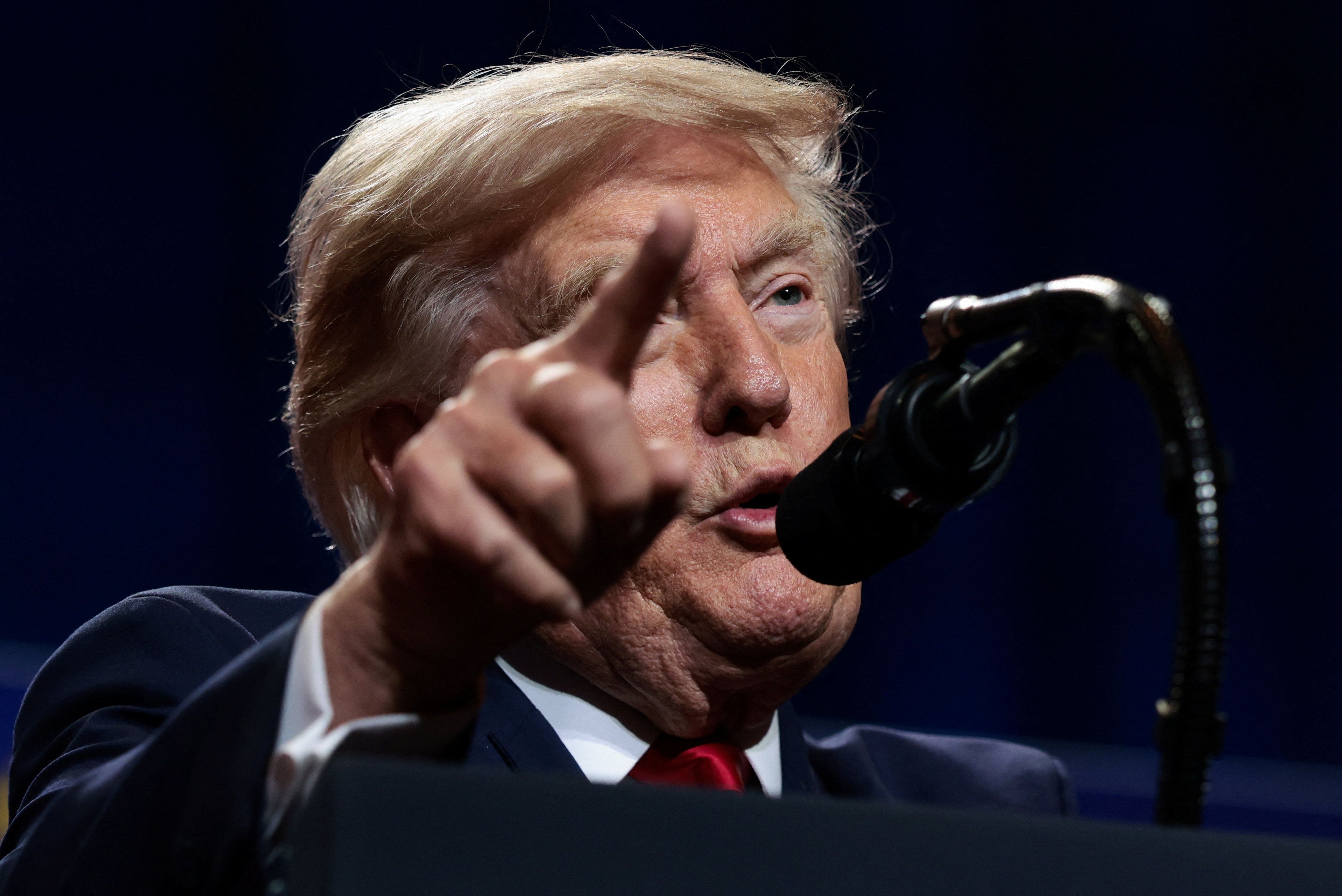 US President Donald Trump points his finger as he delivers remarks at Red Rock Casino Resort Spa in Las Vegas, Nevada, US, August 5, 2026