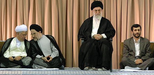 Two former presidents on the left and Ahmadinjad to Khamenei's right during his presidency