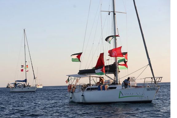 Boats taking part in the Global Sumud Flotilla aiming to reach Gaza off Koufonisi islet, Greece, September 26