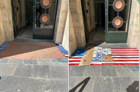 مسؤولو جامعة طهران يغطون علم أميركا المرسوم على الأرض.. لمنع المشي عليه 