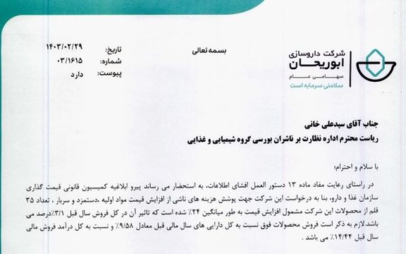 همزمان با صدور اطلاعیه سازمان غذا و دارو، داروسازی ابوریحان اعلام کرد مجوز افزایش ۲۴ درصدی قیمت ۳۵ محصول خود را دریافت کرده است