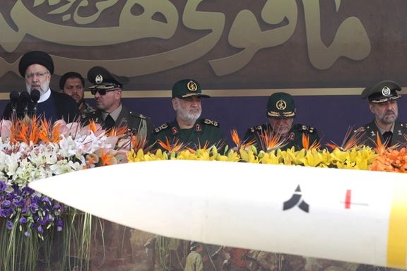 Iranian President Ebrahim Raisi delivers a speech during the annual military parade in Tehran, September 22, 2023.