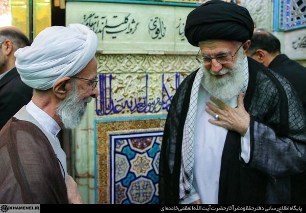Mohammad-Taqi (Taghi) Mesbah Yazdi (left) and Supreme Leader Ali Khamenei  (undated)