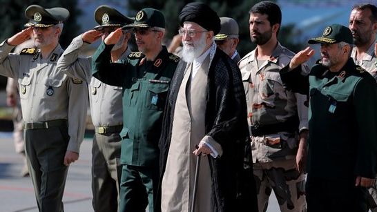 Iran's ruler Ali Khamenei with top commanders during an IRGC ceremony