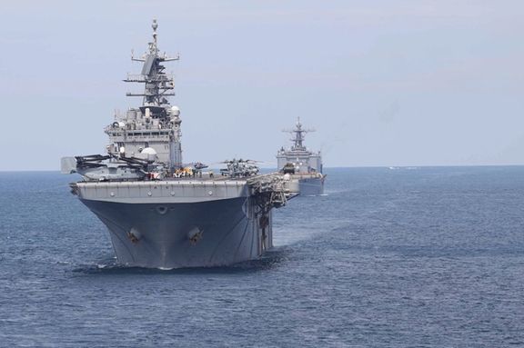 USS Bataan (LHD-5) and Harpers Ferry-class dock landing ship USS Carter Hall (LSD-50) form a strait transit formation behind the San Antonio-class amphibious transport dock ship USS Mesa Verde (LPD 19) during Composite Training Unit Exercise (C2X), Atlantic Ocean, May 21, 2023.