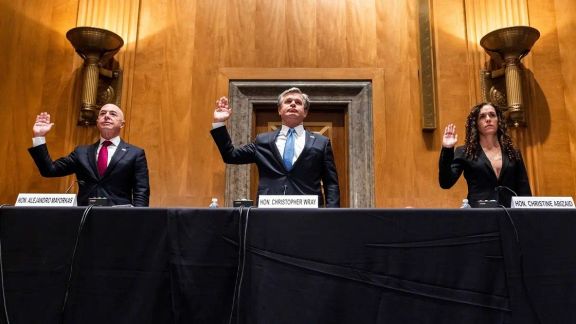 Secretary of Homeland Security Alejandro Mayorkas, FBI Director Chris Wray, and Director of the National Counterterrorism Center Christine Abizaid at a hearing to discuss security threats, September 21, 2021.