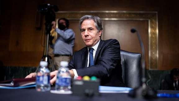 Secretary of State Antony Blinken testifying in the Senate on April 26, 2022