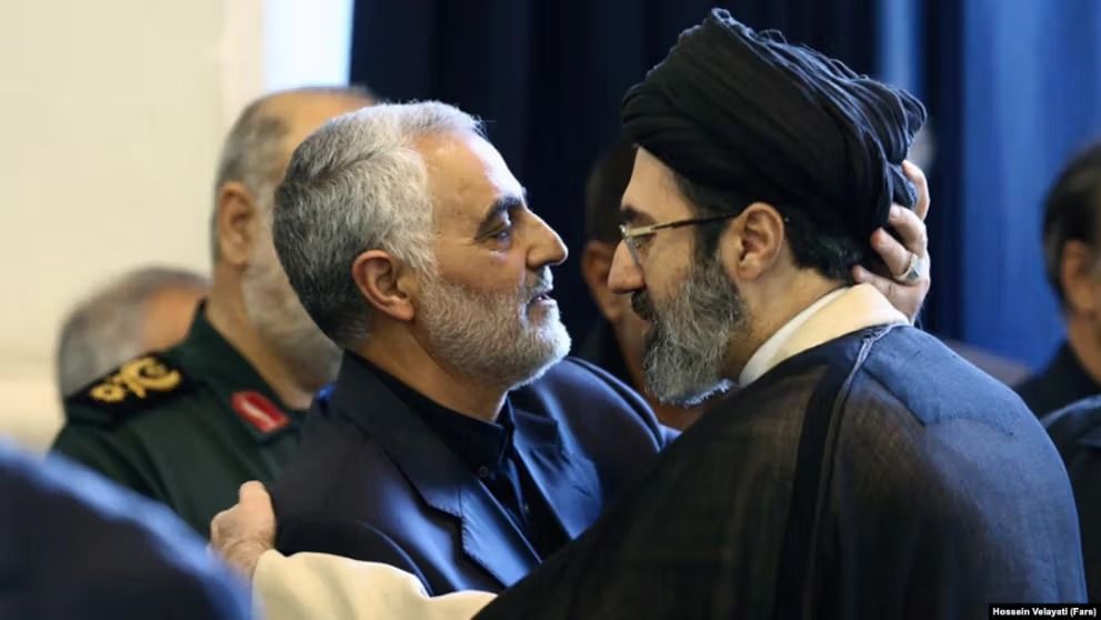 Mojtaba Khamenei greets Qassem Soleimani, former commander of the Islamic Revolutionary Guard Corps’ Quds Force.