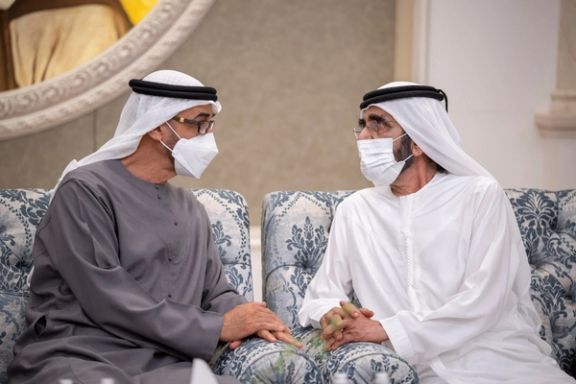 The ruler of Dubai (R) expressing condolences to Sheikh Mohammed bin Zayed al-Nahyan. May 14, 2022