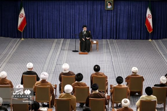 Iran’s ruler Ali Khamenei during a meeting with the chairman and some members of the Assembly of Experts in Tehran on February 23, 2023