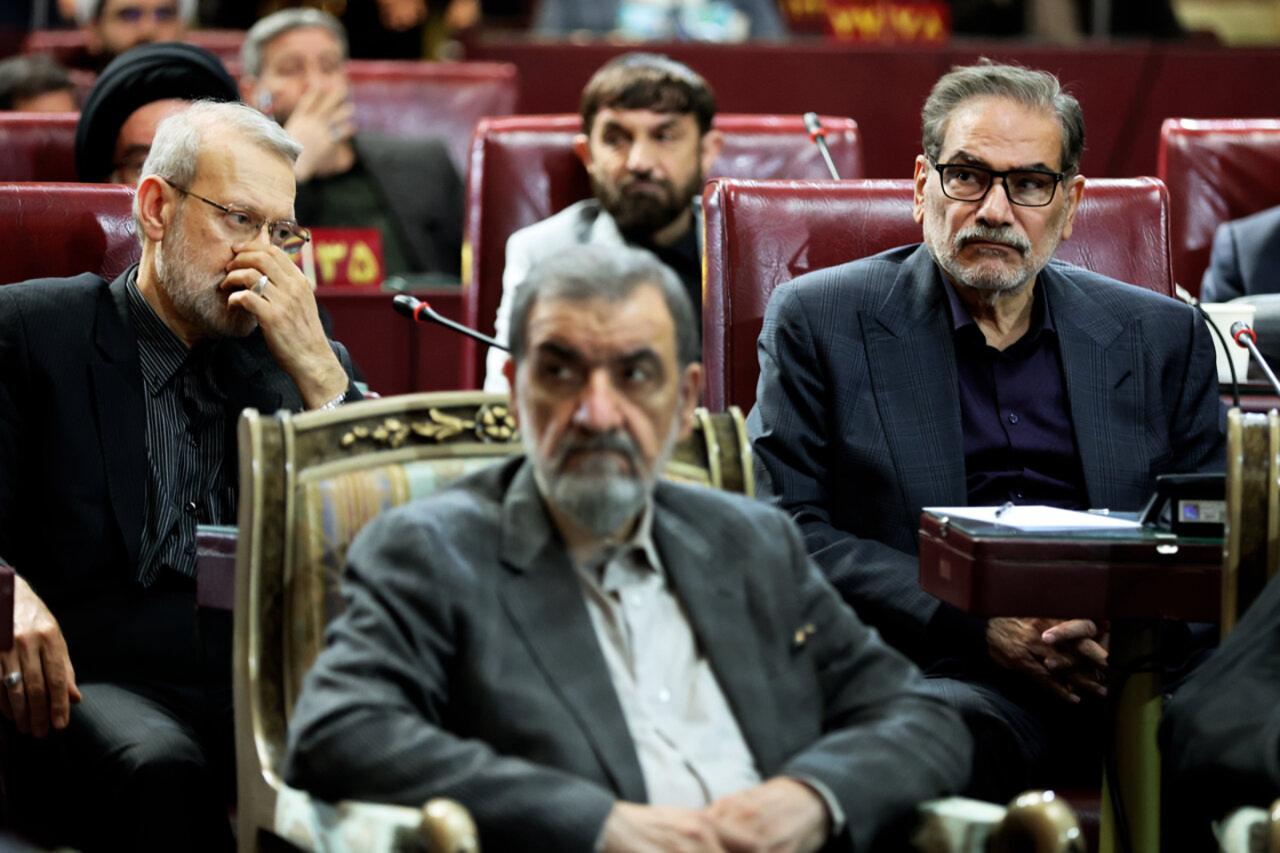Three veterans of Iran's security establishment Ali Larijani (left), Ali Shamkhani (right), Mohsen Rezaei (front) at an event to mark the death of President Ebrahim Raisi, Tehran, Iran, May 31, 2025