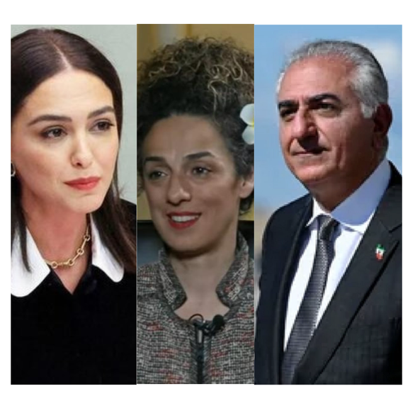 A combo picture Activist Nazanin Boniadi (left), women rights activist Masih Alinejad (center), exiled prince Reza Pahlavi
