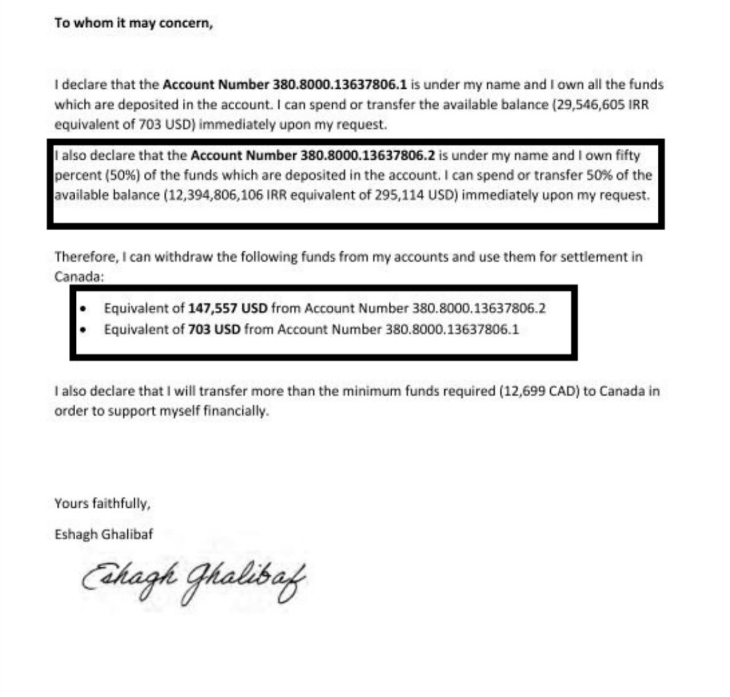 A sample page of the immigration documents of Es’hagh Ghalibaf, the son of Iran’s Parliament Speaker Mohammad Bagher Ghalibaf  (file)