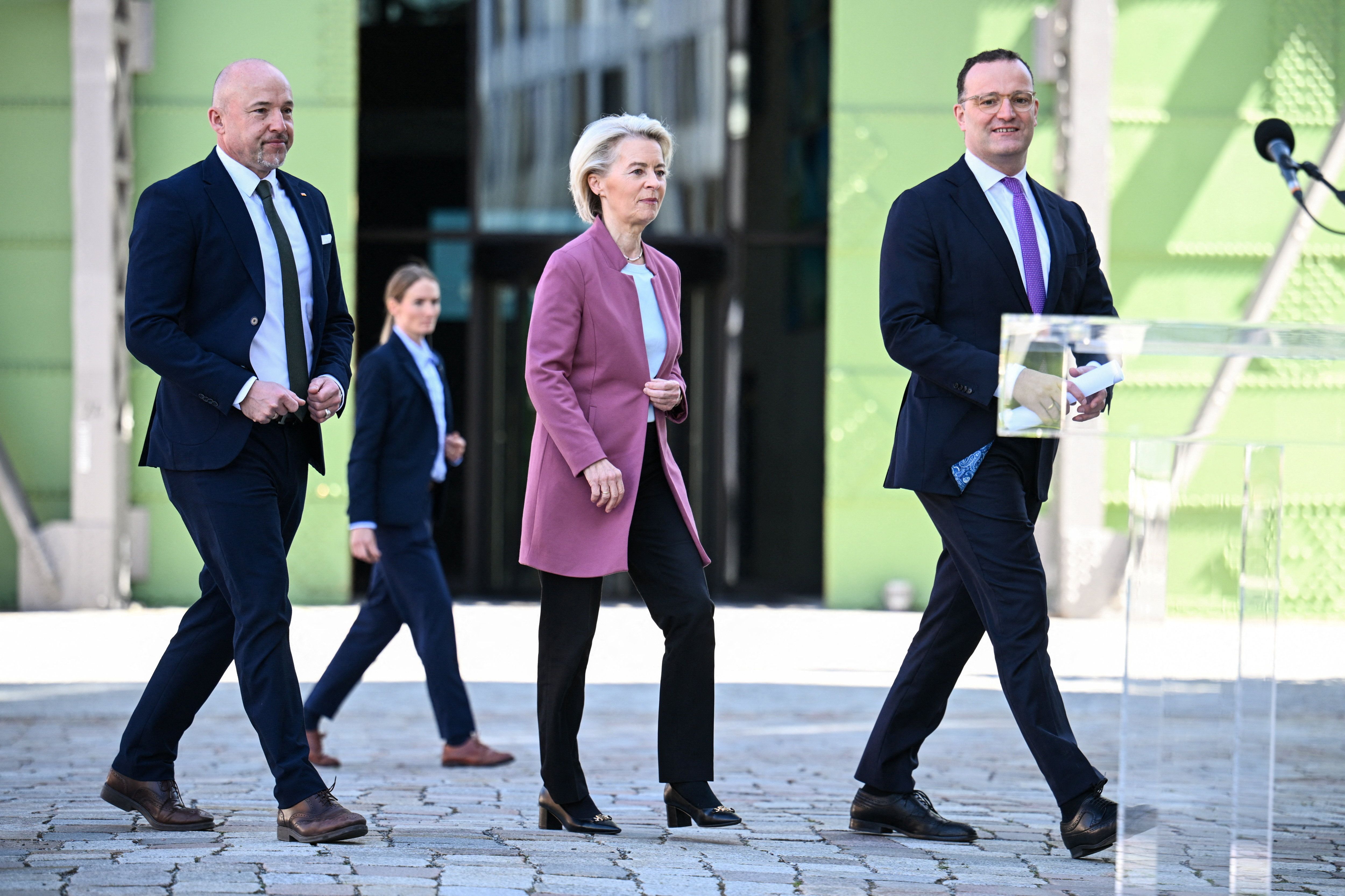 President of the European Commission Ursula von der Leyen, Chairman of the CDU/CSU parliamentary group Jens Spahn and Parliamentary group leader of the CSU Alexander Hoffmann attend the opening press conference of the CDU/CSU parliamentary group’s executive committee meeting in Berlin on April 27, 2026.