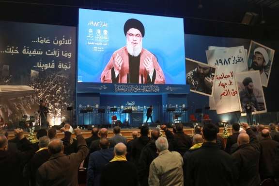 Hezbollah's Hassan Nasrallah addressing supporters in February 2022