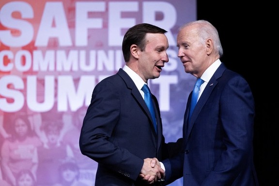 President Joe Biden greets Senator Chris Murphy (D-CT), a supporter of the Iran nuclear deal, on June 16, 2023