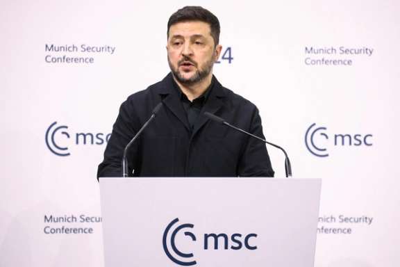 Ukrainian President Volodymyr Zelenskiy speaks during the Munich Security Conference (MSC) in Munich, Germany, on February 14, 2026.