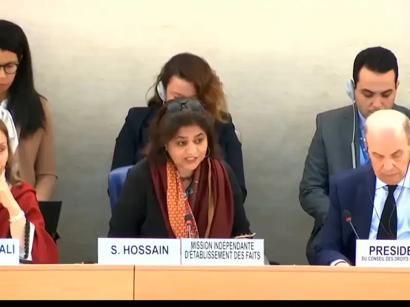 Sara Hossain, the head of UN’s fact-finding mission on Iran delivering remarks the 55th regular session of the Human Rights Council in Geneva on March 18, 2024 