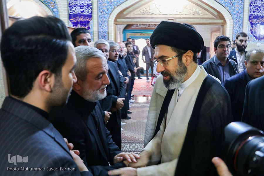 Supreme Leader Ali Khamenei's son, Mojtaba, speaking with Gen Jabbari at his mother's funeral in April 2017