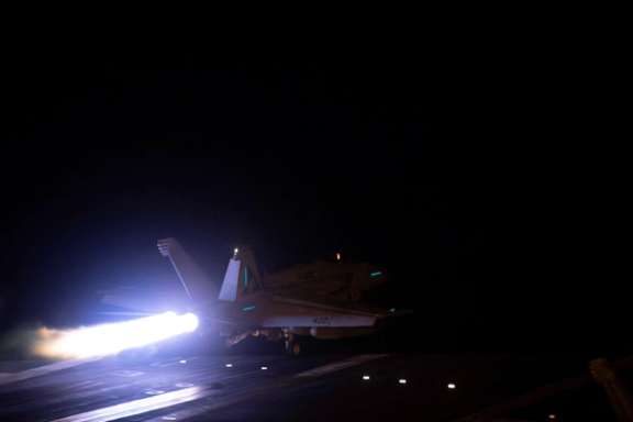 An aircraft taking off to join the US-led coalition to conduct air strikes against military targets in Yemen, aimed at the Iran-backed Houthi militia that has been targeting international shipping in the Red Sea