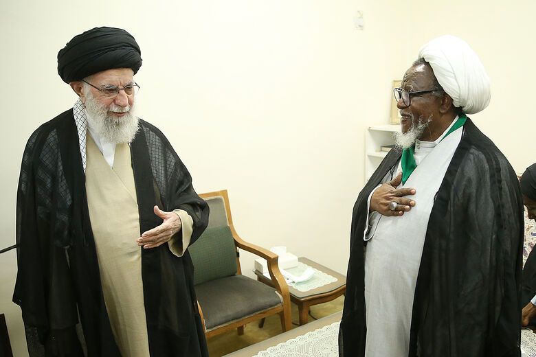 Iran’s ruler Ali Khamenei (left) in a meeting with Nigeria's Shiite leader Sheik Ibrahim Yaqoub El Zakzaky in Tehran on October 14, 2023  