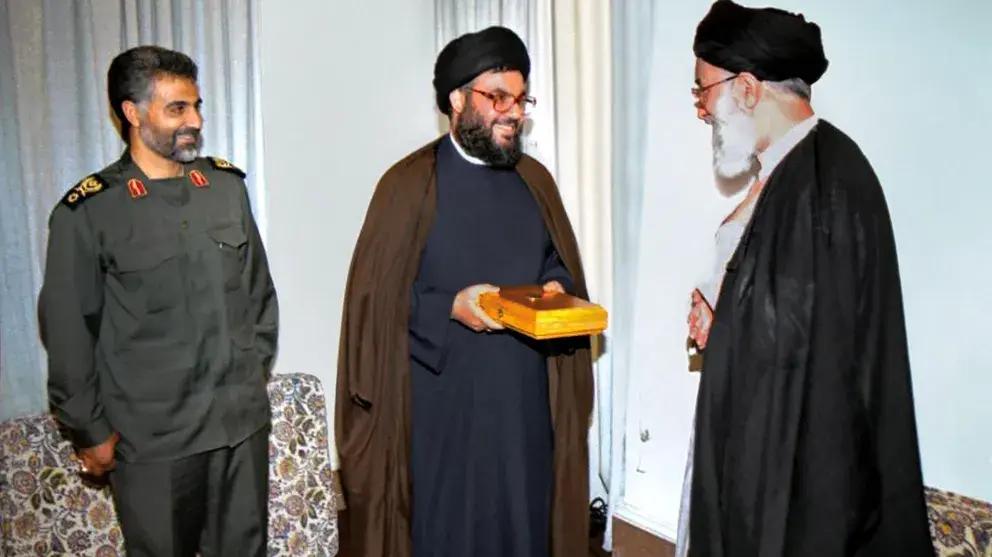 Hassan Nasrallah (middle) meeting Ali Khamenei (right) in presence of former IRGC Quds Force Commander Qasem Soleimani (left)
