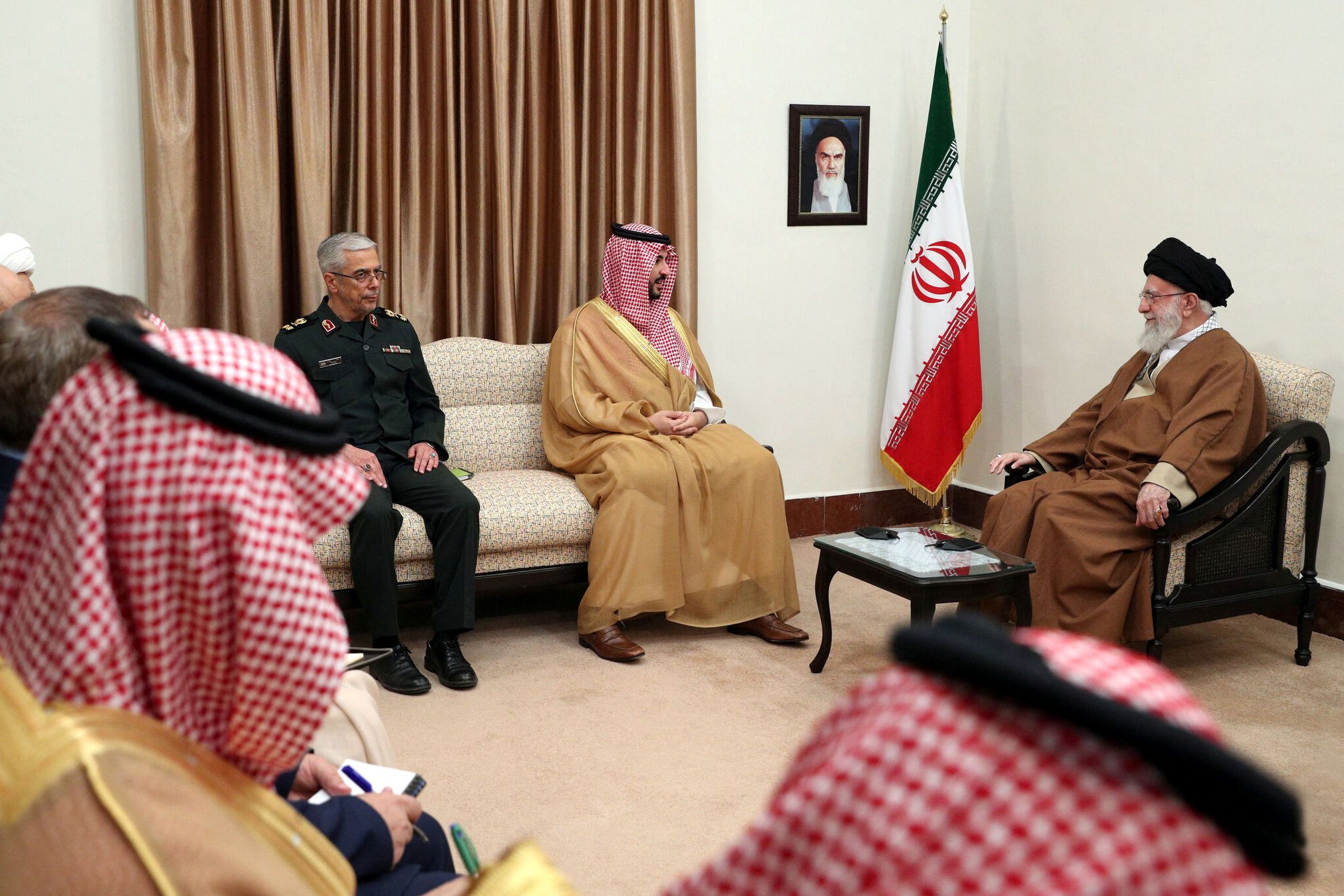 Iran's Supreme Leader Ali Khamenei meets Saudi Defense Minister Prince Khalid bin Salman in Tehran, Iran, April 17, 2025. 