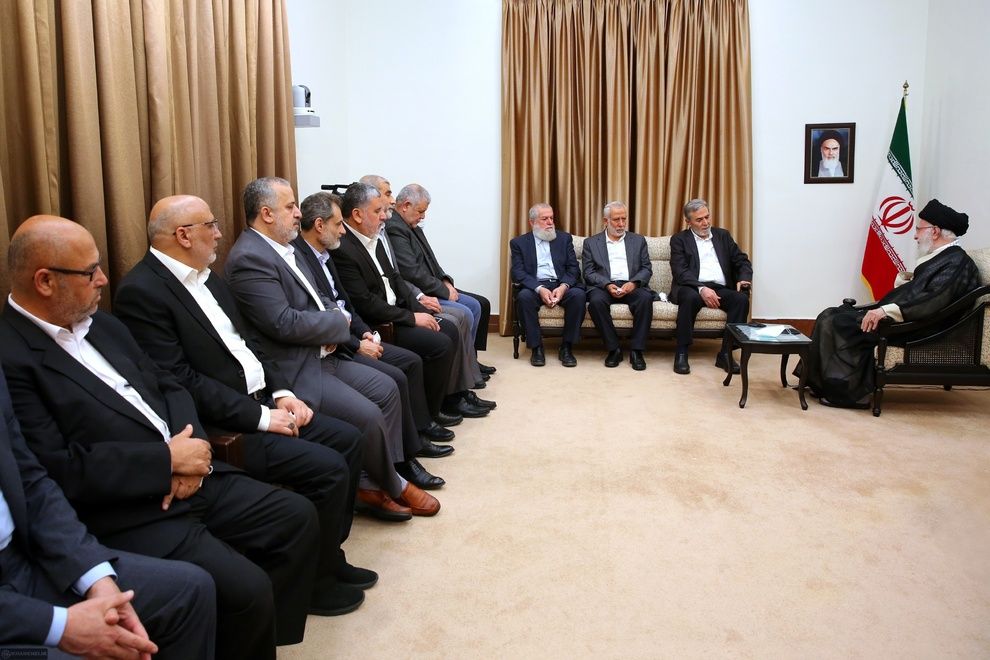 Secretary-General of the Palestinian Islamic Jihad resistance movement Ziad al-Nakhaleh (2nd from right) meets with Iran’s Supreme Leader Ali Khamenei in Tehran on June 14, 2023. 