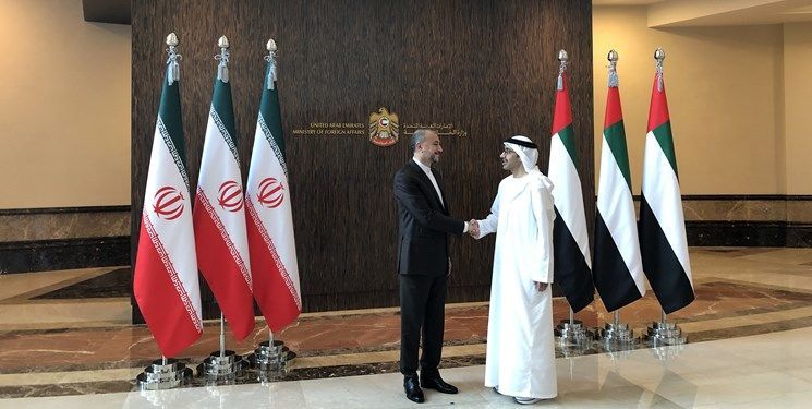 Iranian Foreign Minister Hossein Amir-Abdollahian (left) and his Emirati counterpart Abdullah bin Zayed Al Nahyan in Abu Dhabi (June 2023) 