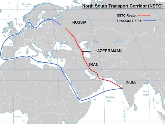 Map of North South Transport Corridor route vs standard route from India